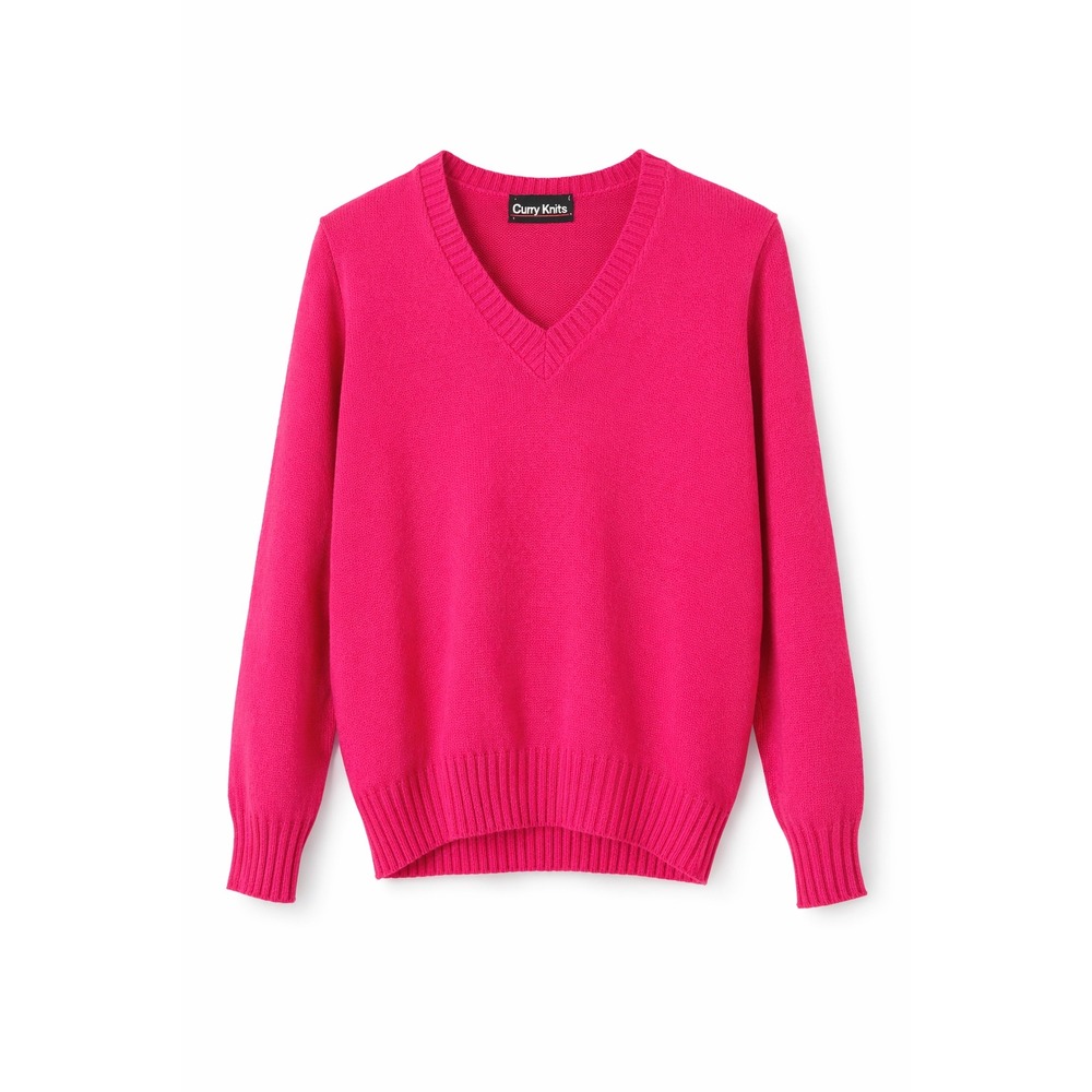 Curry Knits Womens V-Neck Sweater Hot Pink Knit Long Sleeve Pullover